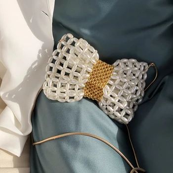 Ръчно плетени чанта, изработена от мъниста, ръчно перлена вечерна чанта на рамото, сламена чанта през рамо, жените висококачествена и модерна дървена малка Дамска чанта