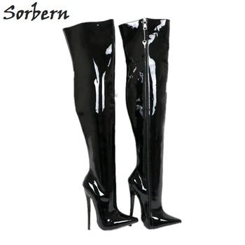 Sorbern/Чубрица фетиш-обувки На висок ток, женски ботуши на висок ток 18 см, с остри пръсти, Зимни Стилни Обувки, дамски Обувки с твърда Голенищем до бедрата, по-Големи Размери