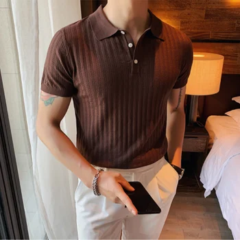 Лятна мъжка однотонная тениска от ледената коприна, британска тънка дишаща тениска с ревери в Европа и Америка, проста трикотажная ежедневни риза с къси ръкави, тенденция