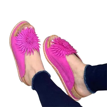 Жени е елегантен цвят приплъзване на сандали плажната удобна платформа за бохо слънчоглед чехли с отворени пръсти обувки от изкуствена кожа