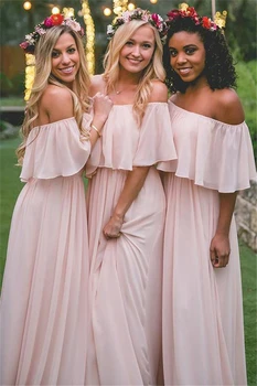 Розови Шифоновые рокли на Шаферките с открити рамене и накъдрен с дължина до пода, Robe De Soirée De Mariage с деколте лодка по поръчка