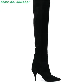 Обикновена ботуши над коляното с остри пръсти на много Високо блок токчета, без съединителни от матирана естествена Телешка кожа, Черни на Цвят Дамски обувки