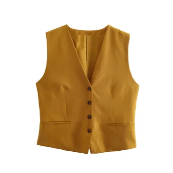 Джоб класическа жилетка нагънат блуза и панталони глезените жени на бутоните на предния панел на мода жилетка Реколта V образно деколте Sleevness 