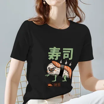 Основната Женска тениска, Всекидневни Японски Топ, Черен, С Изображение на Чудовището-Суши, Модни Дрехи с Кръгло деколте и Къси ръкави
