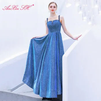 AnXin SH принцеса с кръгло деколте без ръкави синьо атласное вечерна рокля луксозно във crystal трапециевидное иллюзионное вечерна рокля 2781