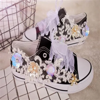 Парусиновая обувки с кристали във формата на череп с ниско берцем, европейска, зашити на ръка триизмерна ежедневни детски обувки с цветен модел за момичета 35-46