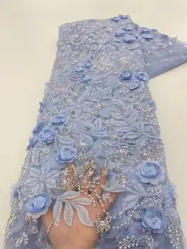 Синя Африканска 3D Лейси Плат, За да оформите 2022, Висококачествена Дантела С Пайети, Френското Нигерийски Сетчатое Дантела, Тюл, Мрежести Тъкани За Сватбата на Шиене