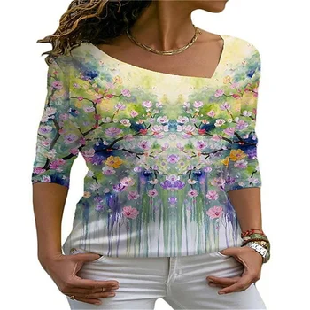 Темпераментен Модни Дамски Дрехи, Отгоре с дълги ръкави, сублимационен печат, 3D Тениска с Разбито Цветя Модел Дамски Долната тениска