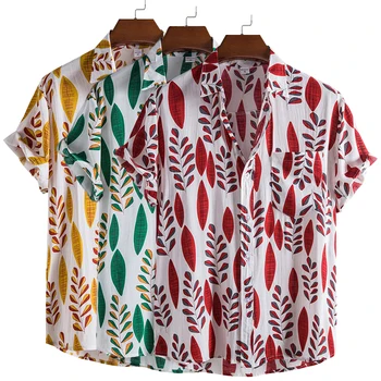Мъжки Памучен Полиестерна Лятна Риза С Къс Ръкав С Тропически Листа, Дишащи Хавайски Плаж На Мъжки Ризи, Ежедневна Блуза За Мъже