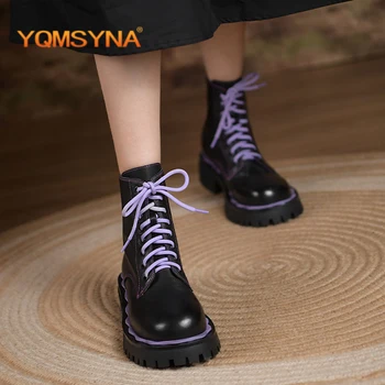 YQMSYNA/ модни ботильоны; ежедневни обувки на плоска подметка с разноцветни шнурками; обувки с кръгло бомбе; Удобни обувки от естествена кожа, дантела; AS351