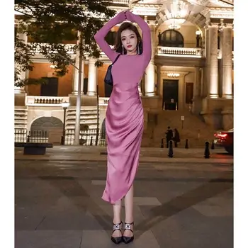 Дизайн Смисъл на корейската версия на Талията Нова рокля Тънък Корпус Капаци Плът в Дългия разрез Фалшив женствена рокля от две части
