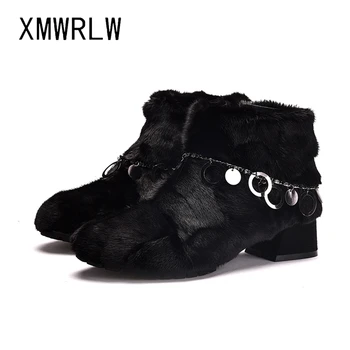 XMWRL/женски ботильоны; колекция 2020 г.; зимни плюшени дамски обувки на топло Меху; Модни дамски Ботильоны на Високи токчета; зимни обувки; Ботильоны