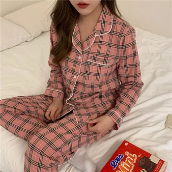 корейски стил, карирани пижамный комплект, лесен домашен комплект, пролетен женски случайни пижамный комплект за двойки, синя пижама в клетката, пижами