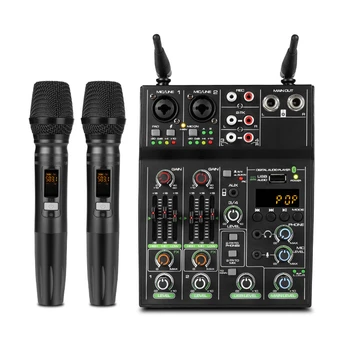 4-Канална USB Аудиомикшер с Безжичен Микрофон Студийни Аудио Миксери Bluetooth-съвместими REC DJ Пулт за Миксиране на Караоке