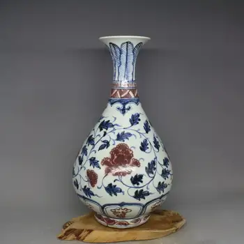 Една стара китайска династия Юан (12,6--1368) порцеланова ваза, синята подглазурная червена, Юхучунь, събиране и украса, Безплатна доставка