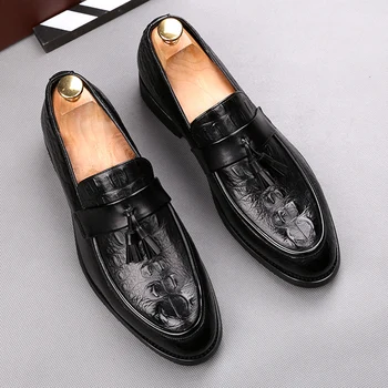 Модни мъжки обувки от естествена кожа в британския стил; модел обувки за сватбени партита; обувки без обков с пискюли; черни летни лоферы; chaussure homme zapatos