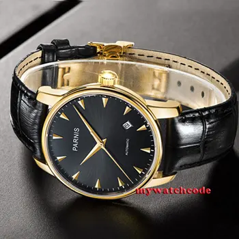 38 мм parnis черен циферблат златно покритие miyota автоматично мъжки ръчен часовник P665