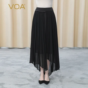 VOA Коприна Жоржет Черна Естествена Талия Асиметричен Двойно Нередовен Подгъва Ежедневни Модерна Пола Лятна CE72 Faldas Mujer Moda 2021