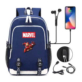 MARVEL Модерна Нова Студентска чанта С Анимационни Принтом, Зареждане чрез USB, Училищна чанта за Слушане на Музика, Раница за Пътуване, Раница За Лаптоп, mochila