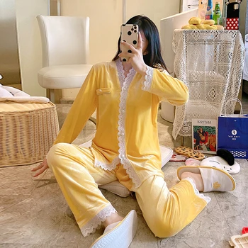 Пижамный комплект нов корейски gold кадифе 2020 пижама с дълъг ръкав от дантела секси домашно облекло чист цвят елегантен халат и пижама нова