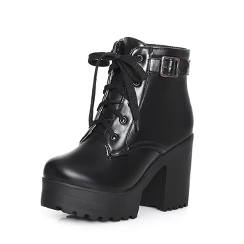 2021 г., Модни Ботильоны на платформата, Женски Ботуши на много Висок Квадратен Ток, обувки с цип с кръгло бомбе, есенно-зимни обувки, Черно 33-43