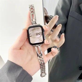 Нова Луксозна Метална Гривна За Apple Watch Band 38 40 42 44 41 45 мм Ultra 49 мм За iWatch Series 8 7 6 Тънък Каишка От неръждаема Стомана
