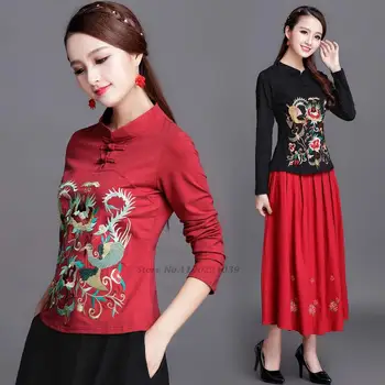 2022 традиционната китайска жена етническа блуза реколта цветна бродерия hanfu върховете на женската национална ежедневна блуза ретро костюм тан