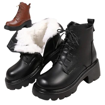 ZXRYXGS/Зимни зимни обувки; Новост 2022 г.; - Популярните Зимни дамски ботуши с цип със шнур; Нескользящие обувки Martin на дебелите ток; топли вълнени ботуши