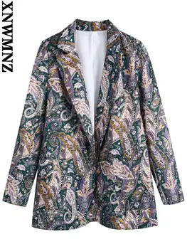 XNWMNZ Женски 2022 пролетния моден случайни блейзър с флорални принтом, ретро сако с дълги ръкави и джобове, дамски връхни дрехи, луксозни върховете