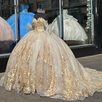 Буйни рокля цвят шампанско с 3D Цветен Аппликацией, мексикански рокля Vestidos De 15 Años 2022, Расшитое мъниста, Сладки 16 премяна