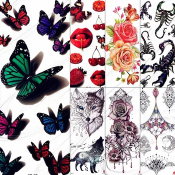 Сладък 3D Временни Татуировки С Пеперуди За Жени, Деца, Боди арт, Ръка, Къна, Водоустойчив Роза, Цветя, Заря, Стикер, вълк-като Устните