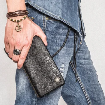 Чантата с шипове, мъжки дълъг кожен портфейл с цип, творчески trend мъжки портфейл от телешка кожа на първия слой