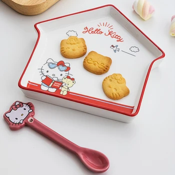 Истински Кавайная Чиния Sanrio Hello Kitty My Melody Cinnamonroll Във Формата На Къща Чиния За Закуска Сладки Кухненски Керамични Чинии За Плодове