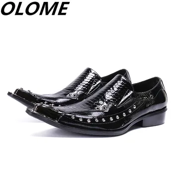 2019 Мъжки модел обувки с остри пръсти, черни мъжки кожени обувки от крокодилска кожа с нитове и железни пръсти, бели сватбени обувки, мокасини с шипове