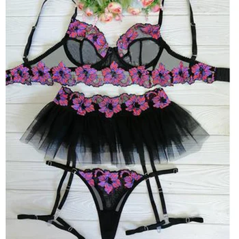 Floral Applique Ladies Секси Lingerie Изящни Дантела Embroidery Three-Piece Underwear Mujer 2021 Еротично бельо