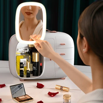2022 Нов Козметичен Кутия За Съхранение С Огледало Led Лампа Настолна Грим, Бижута Козметични Калъф Прахоустойчив Кутия Органайзер За Козметика