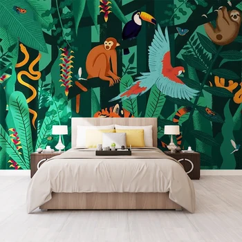 Потребителски 3d Тапети нетъкан тропически стенописи Тропическа Джунгла Животни 5D цветни стенни тапети Карикатура Декор на детска стая