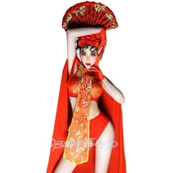 Нощен клуб Червени бикини наметало прическа пълен комплект за Жени гого club певица и танцьорка представа Ролева костюм