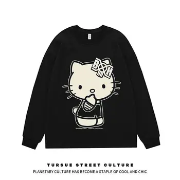 Ins Hello Kitty Японски Коте Сладко Голям Принт, Черна 100% Памучен Тениска с Дълъг Ръкав, Мъжки Блузи с Кръгло Деколте Sanrio Spotify Premium