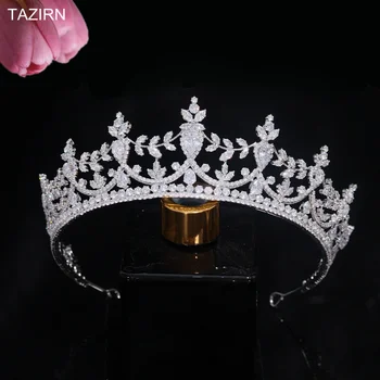 TAZIRN Нов Кубичен Цирконий Принцесата Булка, Сватбени Crown Разширено Периметър Ръчно изработени CZ Сватбени Диадеми Бала Вечерни Аксесоари За Коса