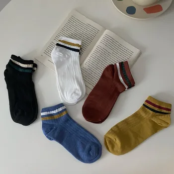 Дамски чорапи Sannian, пет чифта чорапи, японски обикновена чорапи на райета, есенни нови студентски прости и универсални памучни чорапи-тръба
