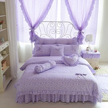 Корейски стил лилаво цвете комплект спално бельо 100% памук twin queen king size комплект спално бельо за момичета принцеса сладко спално бельо комплект пододеяльников 38