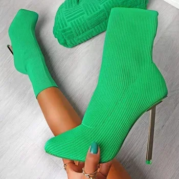 Новите дамски Чорапи, обувки от еластична тъкан; Женски Ботильоны с квадратни пръсти на много висок ток; Пикантни обувки 