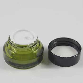 30шт 15 г Маслинено-зелена стъклена банка за крем с черен пластмасов капак, 15 г козметична банка за проба / крем за очи 15 г, мини-стъклена бутилка