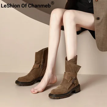 LeShion of Chanmeb/ Нови дамски ботуши от волска кожа, велур с появата на шнур, Каубойски обувки в стил ретро на дебел висок ток с кръгло бомбе с цип, Есен-Зима 2023