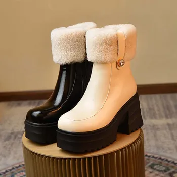 2022 новите европейски зимни обувки от естествена кожа, топли зимни обувки 22-24,5 см меху от телешка кожа + вълнени ботильоны Вълнени ботуши с цип отстрани