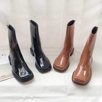 Koovan/дамски обувки от 2021 г. Къси ботуши на площада дебел ток с Ярка повърхност, къси ботуши, британски Тенденция, дебел ток, голи спускане
