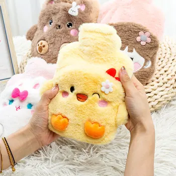 Мультяшная малка жълта патица, малко розово зайче, плюшен играчка, чанта за топла вода, сладка, изпълнена с вода, свалящ се, топло за ръце, плюшен играчка