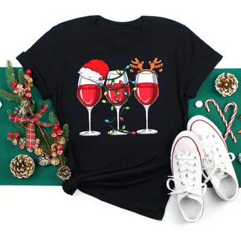 Кавайная дамски Коледна шапка с чаша за вино, Коледни топ с Принтом, Женска тениска с Къс ръкав