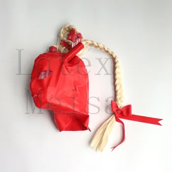 Дамски латекс качулки Zentai с прикрепена гъвкави проводници и отворени очи ноздрями и устата червен цвят, с цип отзад